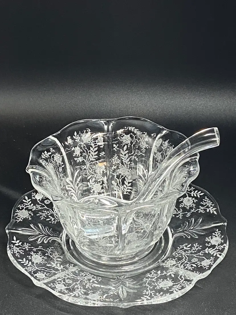 Vintage Fostoria Baroque Clear Glass Mayonaise Condiment Bowl, Ladle & Saucer