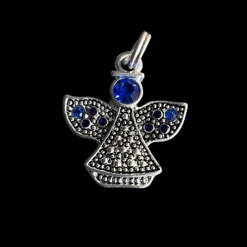 Costume Silver Tone Guardian Angel Blue Rhinestone Pendant 1”