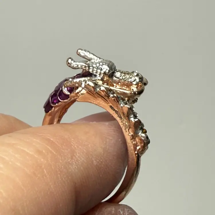 Unusual Purple Enamel & Rhinestone Dragon Ring Size 8 Rose Gold Tone