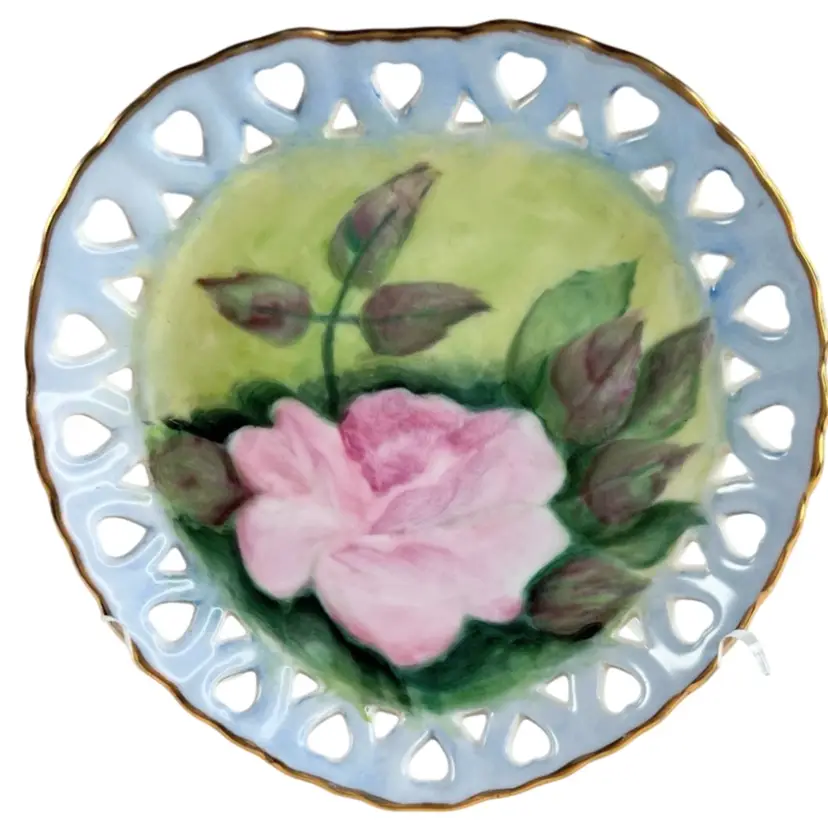 Pierced Edge Heart-shaped Trinket Tray Plate with Painted Rose; Gold-rimmed; Fran Bragger 1968