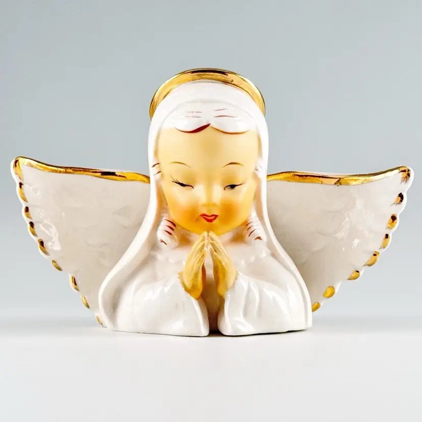 Ardalt Praying Angel Bust Figurine, Hand-Painted Porcelain, Vintage Kitsch Christmas Decor