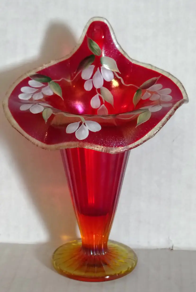 Fenton Vintage 2000 7" Red Iridized Stretch Glass Jack In The Pulpit Vase, Handpainted By Melissa Caplinger, Glows