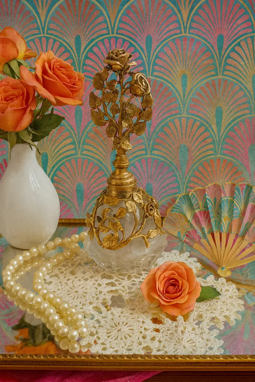 Vintage Matson Gold Filigree Rose Perfume Bottle – 6½" Tall, Glass Base with Dauber, Marked on Metal & Finial