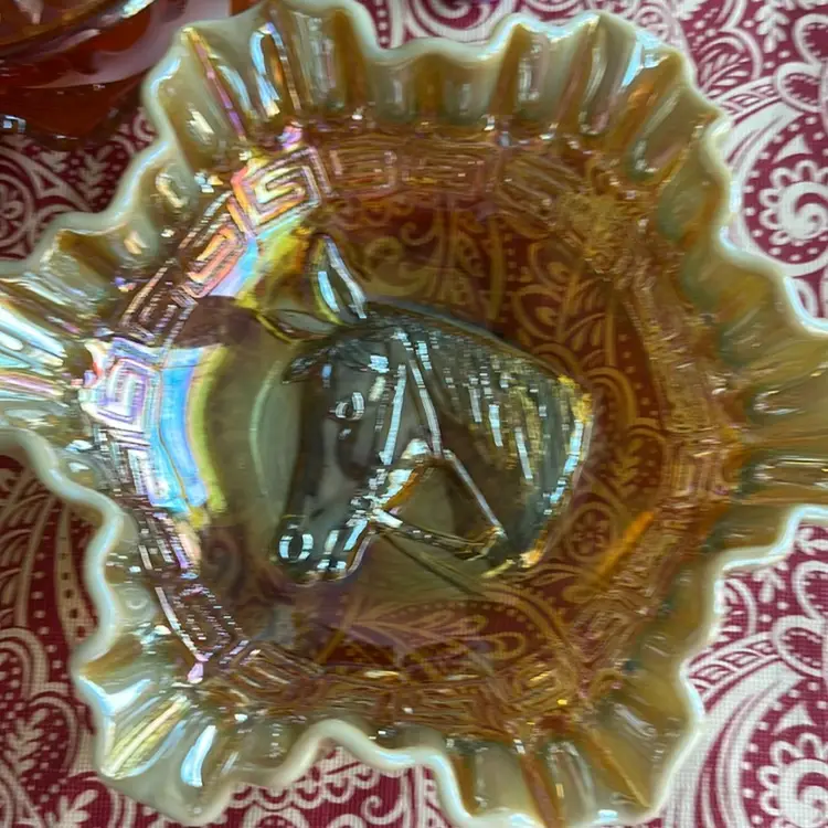 #1612 Duncan Eddie Decent Carnival Marigold Glass Pony Bowl Greek Key Boarder
