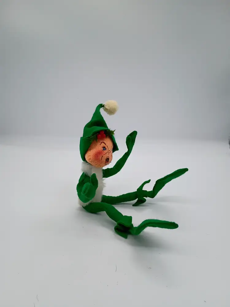 Vintage Annalee Christmas 1988 Green Elf with Fur Trim and Holly