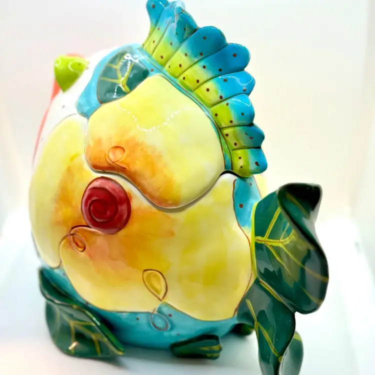 Diane ArtWare 2005 Floral Fish Kissing Flirty Big Puckered Lips Ceramic Biscuit Candy Cookie Jar Canister Lidded, Big Sky Clay Works, Signed