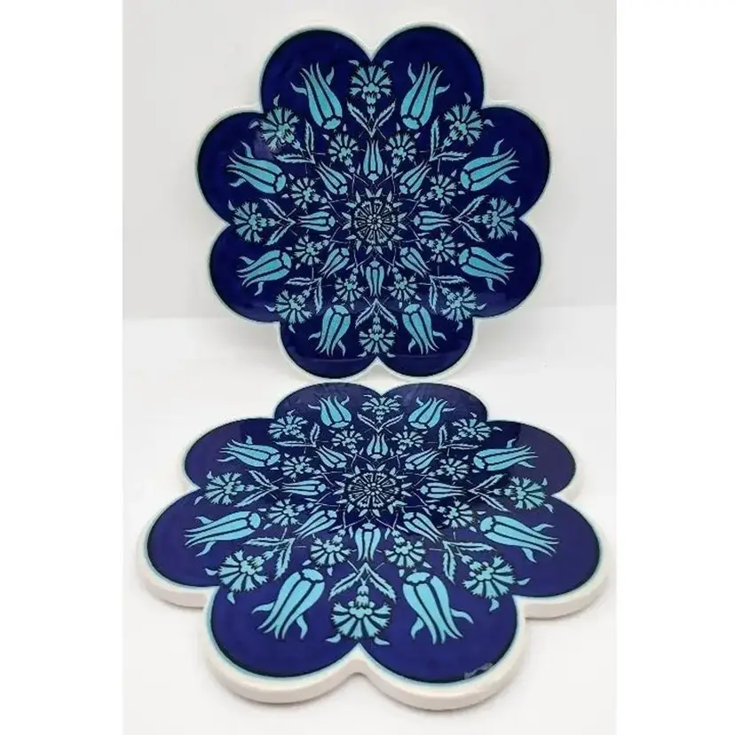 Blue Turkish Ceramic Trivets (1 pair) with Tulips and Scalloped Edge