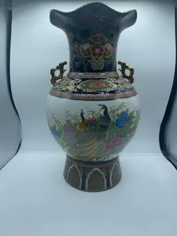 Hand Painted Asian Vase With Peacocks Double Handle 18”