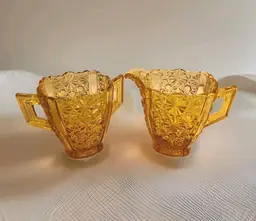 Vintage Fenton Amber Art Glass Daisy and Button Creamer & Sugar Bowls Server Set. USA.