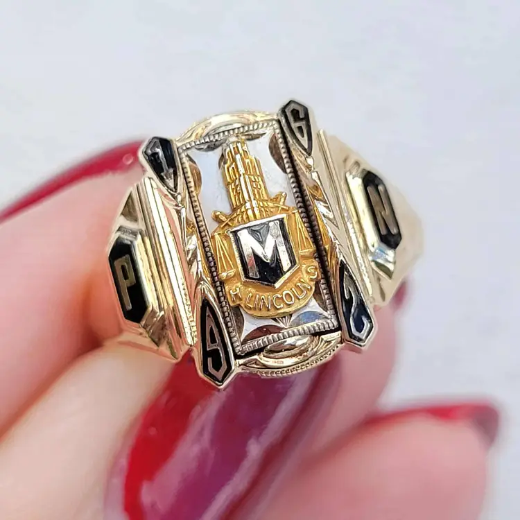 Vtg 1962 10k Yellow Gold Jostens Black Enamel Lincoln HS Class Ring Sz 5 - 5.2g