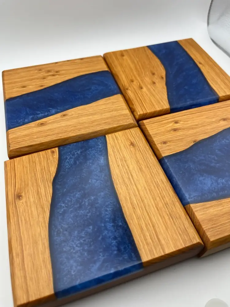 Wood And Blue Epoxy Drink Coasters - Abstract Nautical Beach Theme