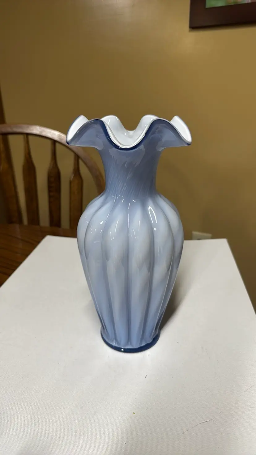 Fenton Art Glass Vase Ruffled Edges Swirl Overlay Light Blue White 11” tall