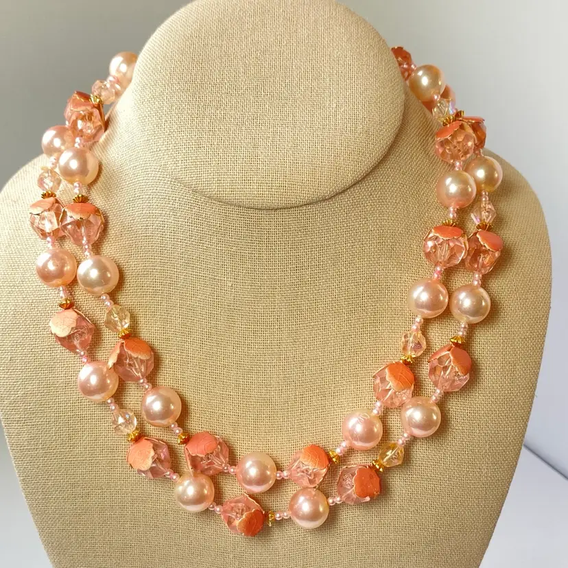 Vintage Hong Kong Double Strand Faux Pearl Acrylic Bead Metal Petals Necklace