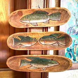 David Frykman Fish Wall Art Carved Wood 3 Pcs Strung Together 3 Signatures Cottage Core Cabin Man Cave Rec Room wall Hanging