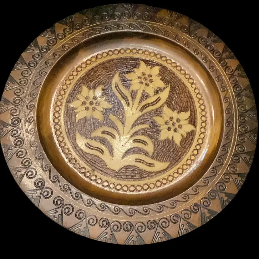 Vintage Hand-Painted Wooden Platter Engraved With Different Shades Of Brown