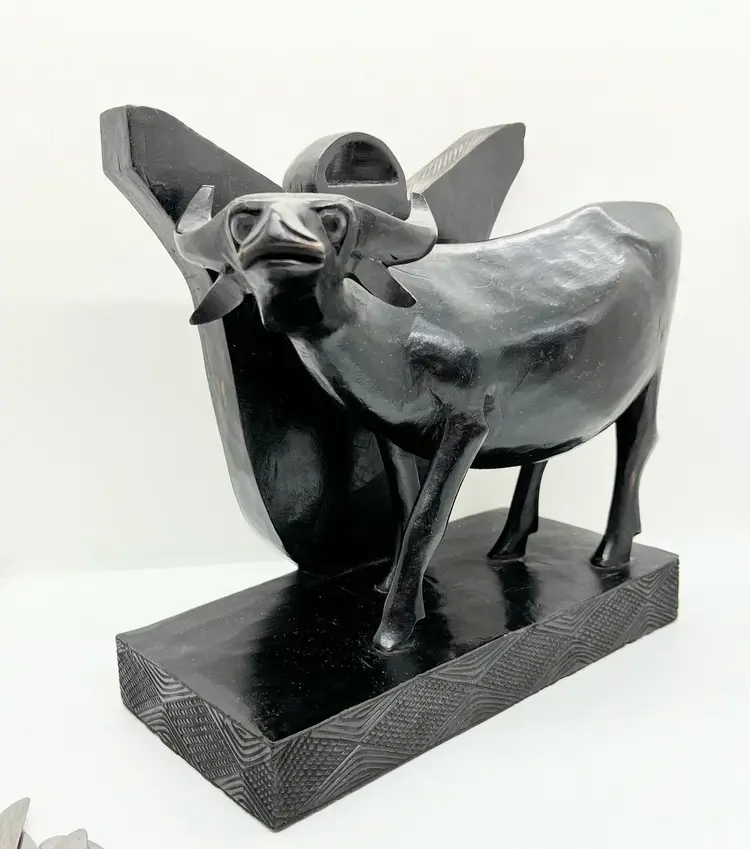Hand Carved Wooden Water Buffalo Single Bookend Black