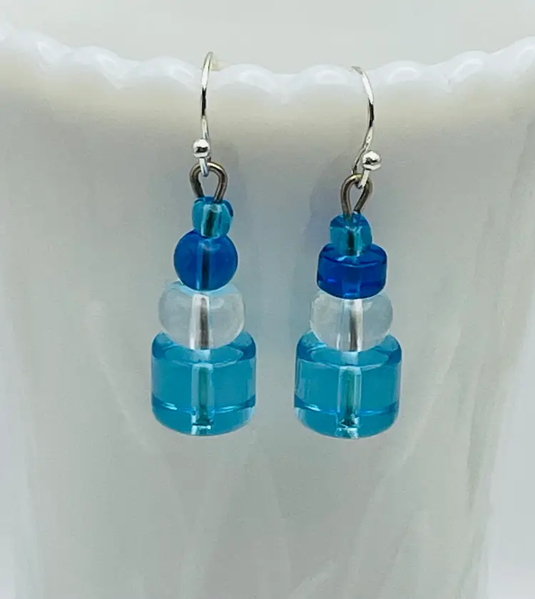 Handmade Earrings, Blue/Clear Glass Beads, Silver Tone Accents, White Drawstring Bag