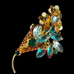 Vtg Austrian Brooch Floral Bouquet Aqua Blue Green Amber Rhinestones J389