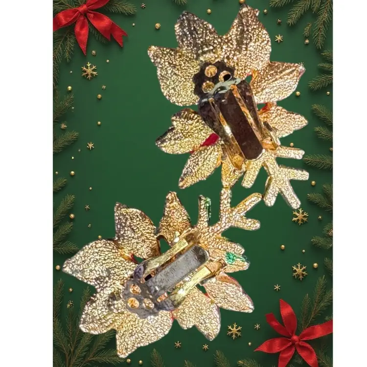 Christmas Poinsettia Rhinestone Clip Back Earrings