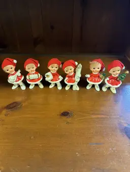 Set of 6 VTG Napco Christmas Girl Elf Hair Fabric Cap Figurine Set
