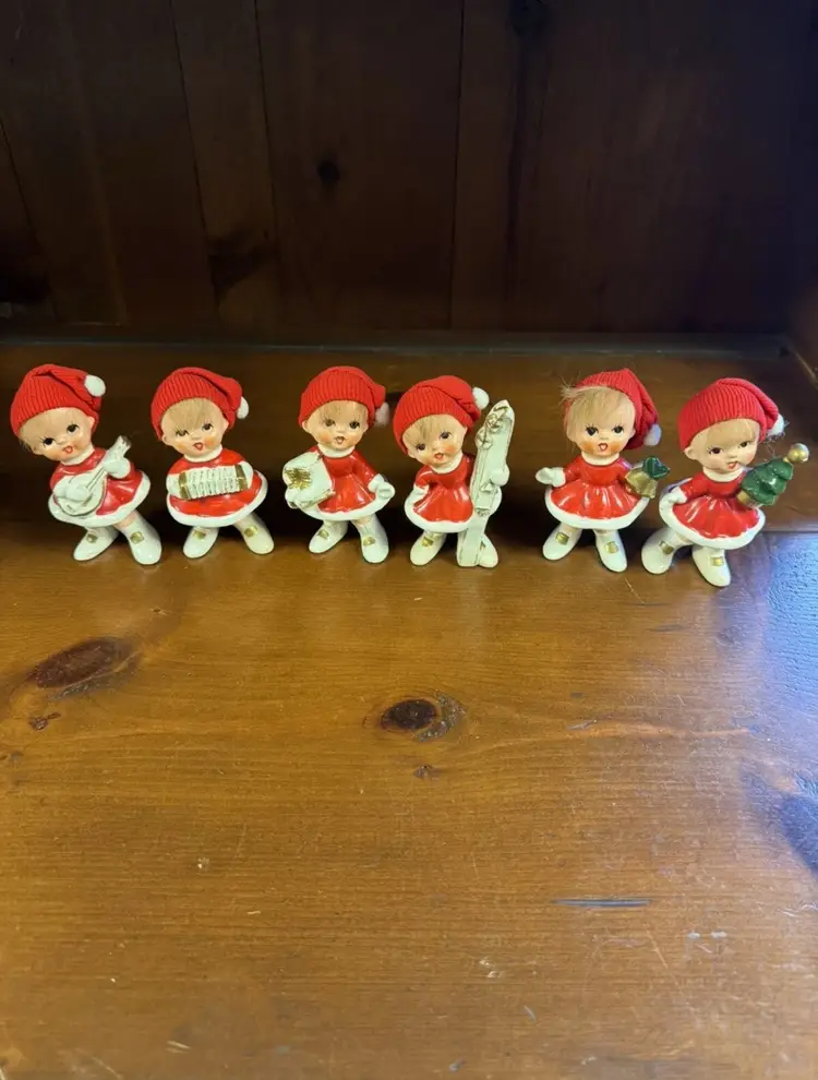 Set of 6 VTG Napco Christmas Girl Elf Hair Fabric Cap Figurine Set