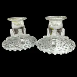 EAPG Pressed MCM Deco Glass Geometric Pair Of Candlestick Holders
