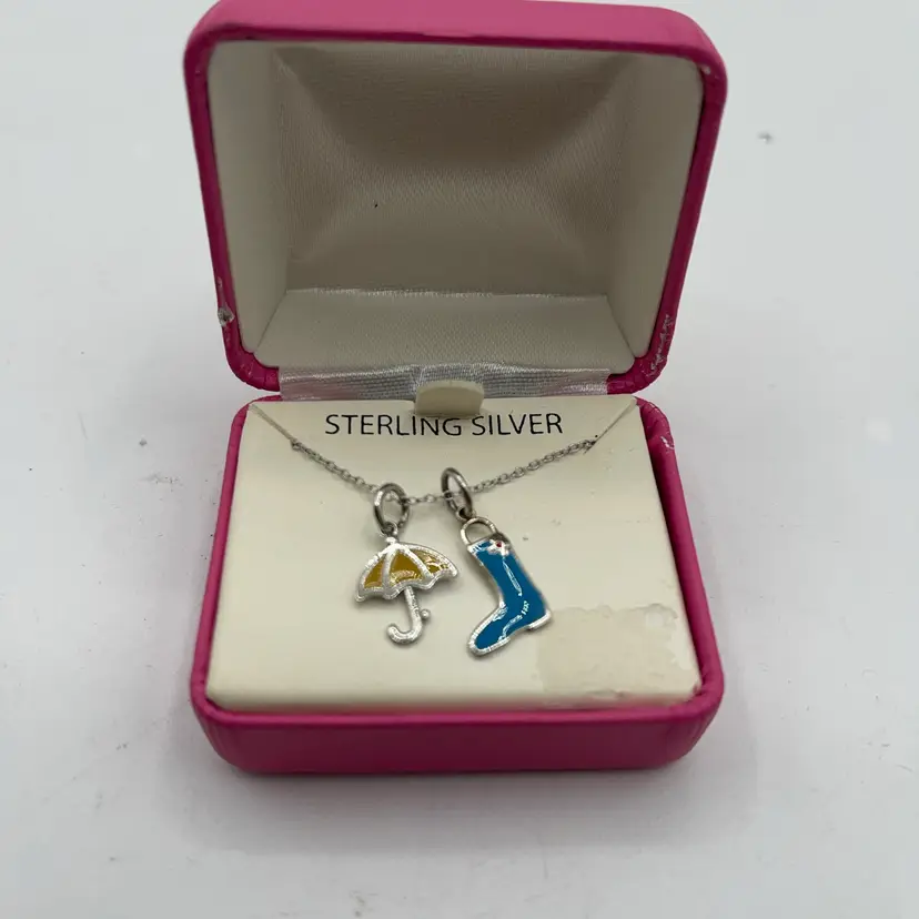 Sterling Silver 14” Chain With 2 Enameled Sterling Silver Pendants Boot And Umbrella