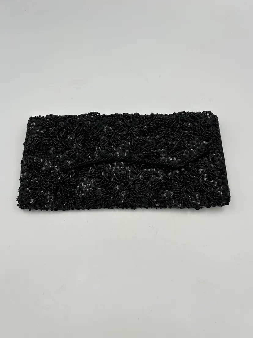 Vintage Black Heavily Beaded Handmade Clutch Purse Evening Bag Made In Hong Kong