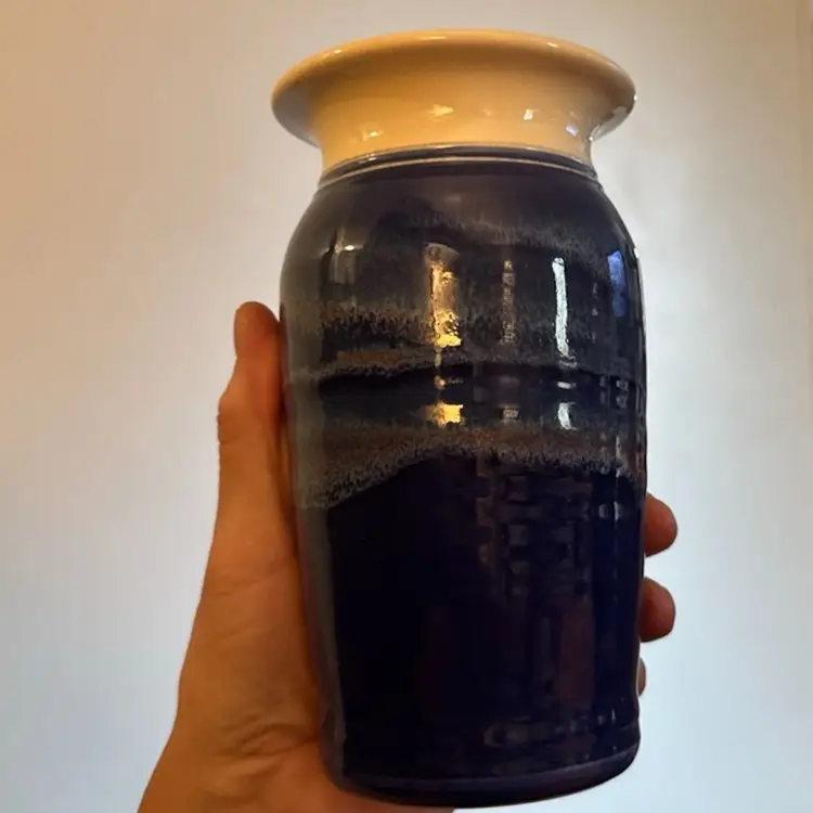 Vintage Studio Pottery Ceramic Vase Signed Mark Hebing 7” X 4” Blue Drip