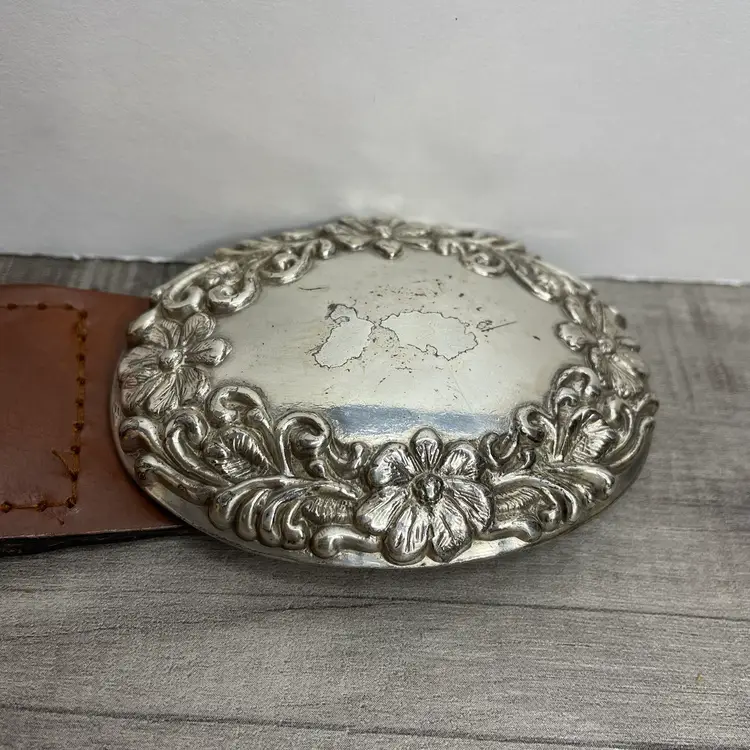 VTG ROC Brown Buffalo Leather Braided Western Belt Floral Silver Buckle L 1.5 in