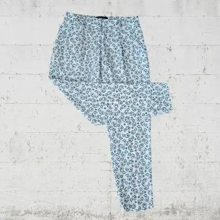 Theory White Blue Floral Silk Mid-Rise Straight Tapered Women's Pants Size 0