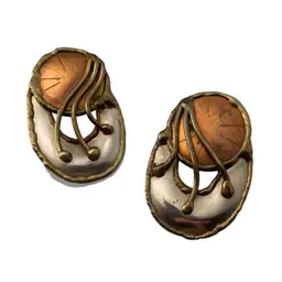 Vintage Brutalist Modernist Artisan Copper Mixed Metal Post Earrings Unmarked 1.75"