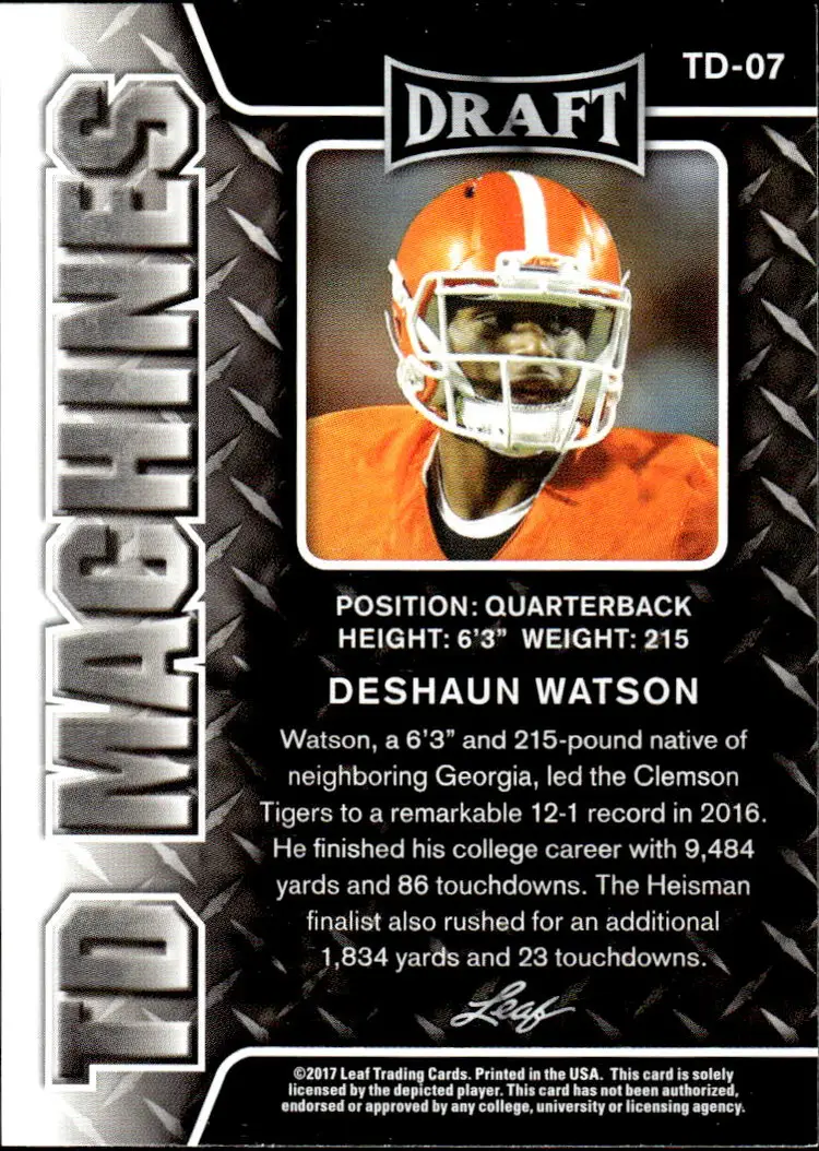 2017 Leaf Draft #TD-07 Deshaun Watson TD Machines Gold