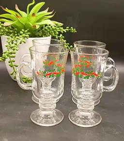 VTG Libbey Christmas Holly Berry Pedestal Irish Coffee Glass Mugs Gold Rim Set 4