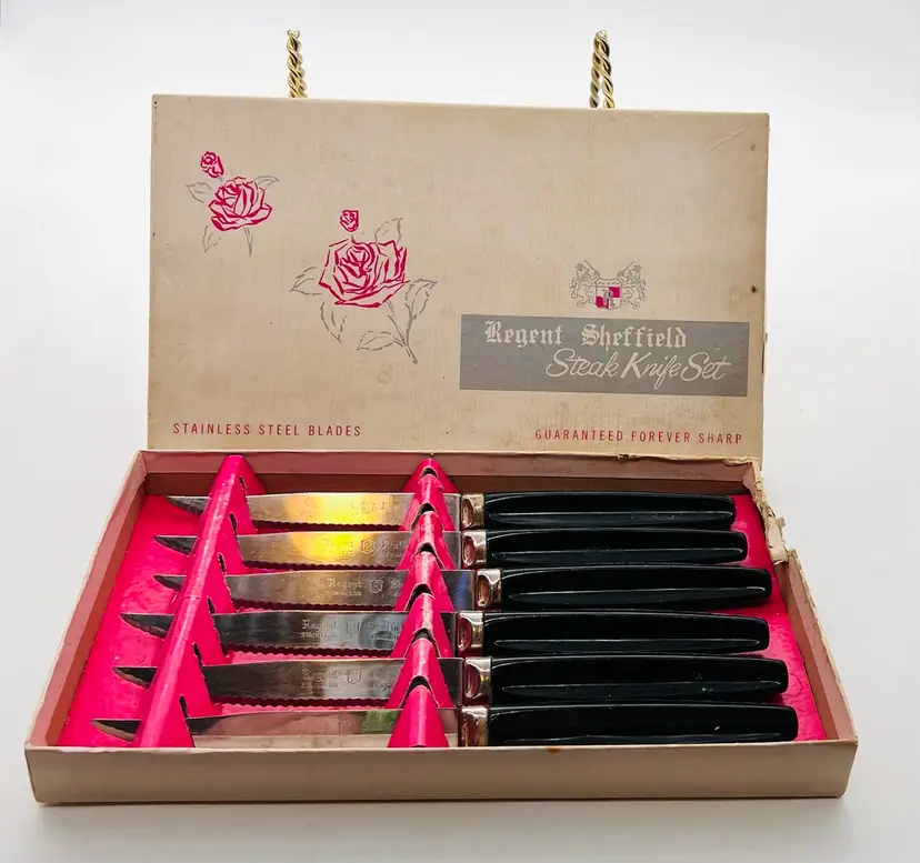 Vintage Regent Sheffield Stainless Steak Knife Set In Original Box Sears Roebuck