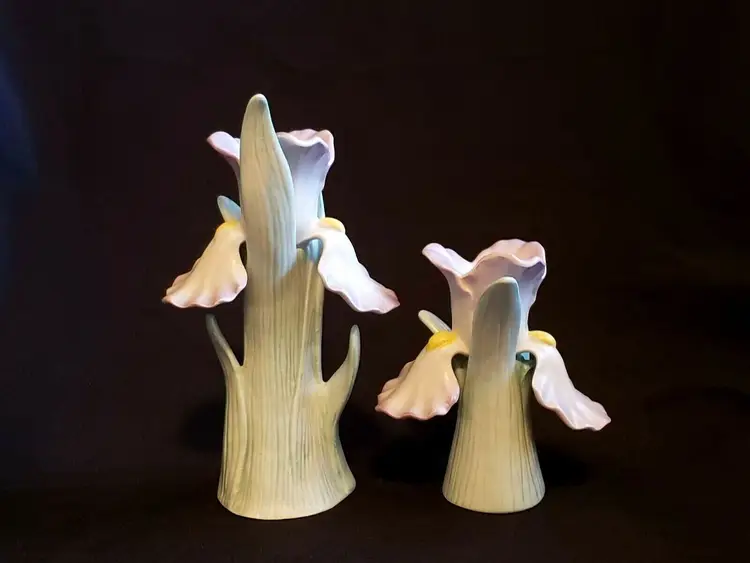 Purple Iris Candlesticks Fitz & Floyd (2 sizes) 7 1/8" & 4 1/2" Tall FF 1985 Vintage