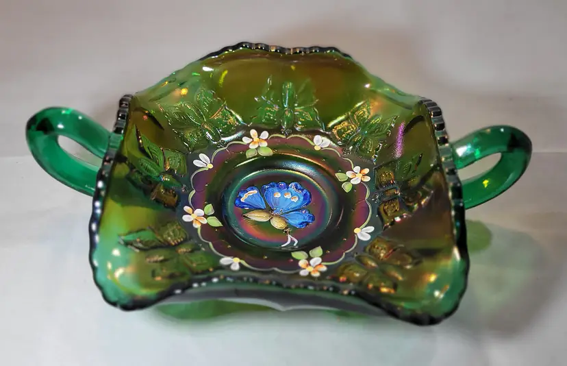 Signed Fenton Emerald Marigold Carnivale Bon Bon Candy Dish