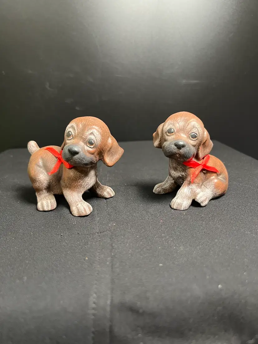 Hobbiest Hand Painted Ceramic Pair of Darling Puppies w/ the Cutest Painted Expression and Red Ribbon Bows to Boot! Lot 60