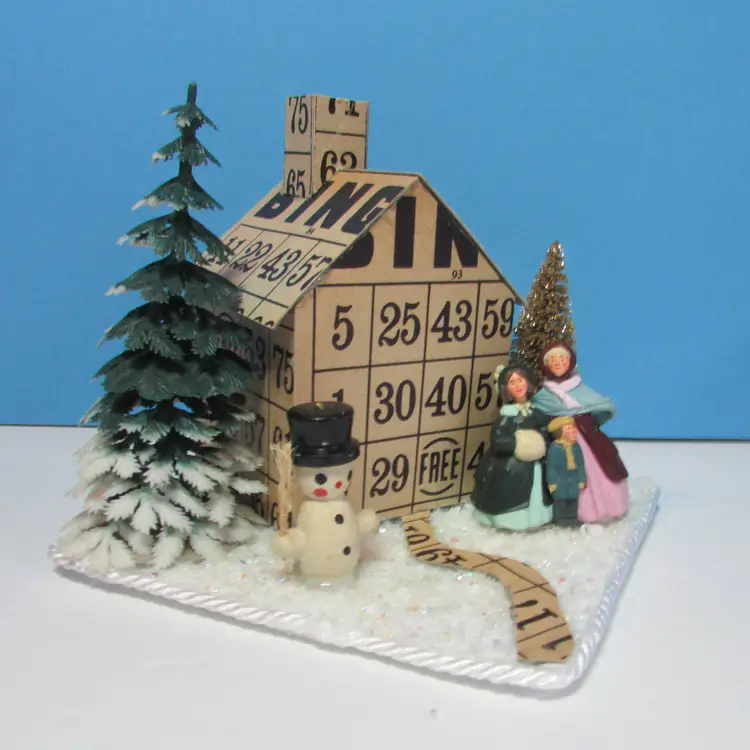 vintage crafted Bingo card house with carolers and snowman Christmas winter scene