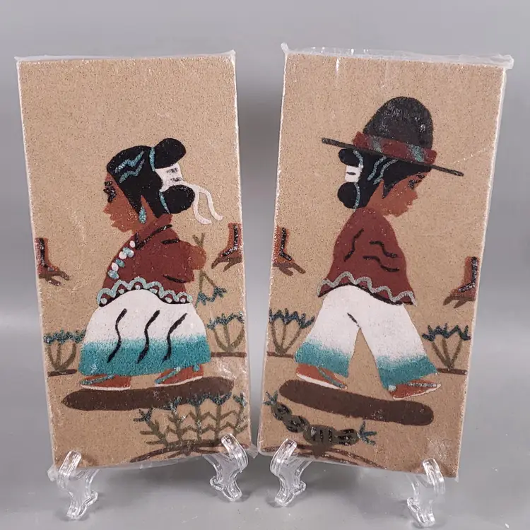 Vintage NAVAJO SAND PAINTING ART Boy Girl Rectangular SIGNED Wall Decor SET