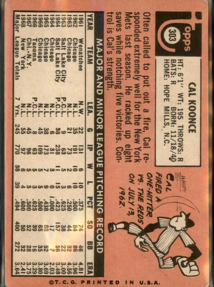 1969 Topps #303 Cal Koonce - (pk3) - New York Mets