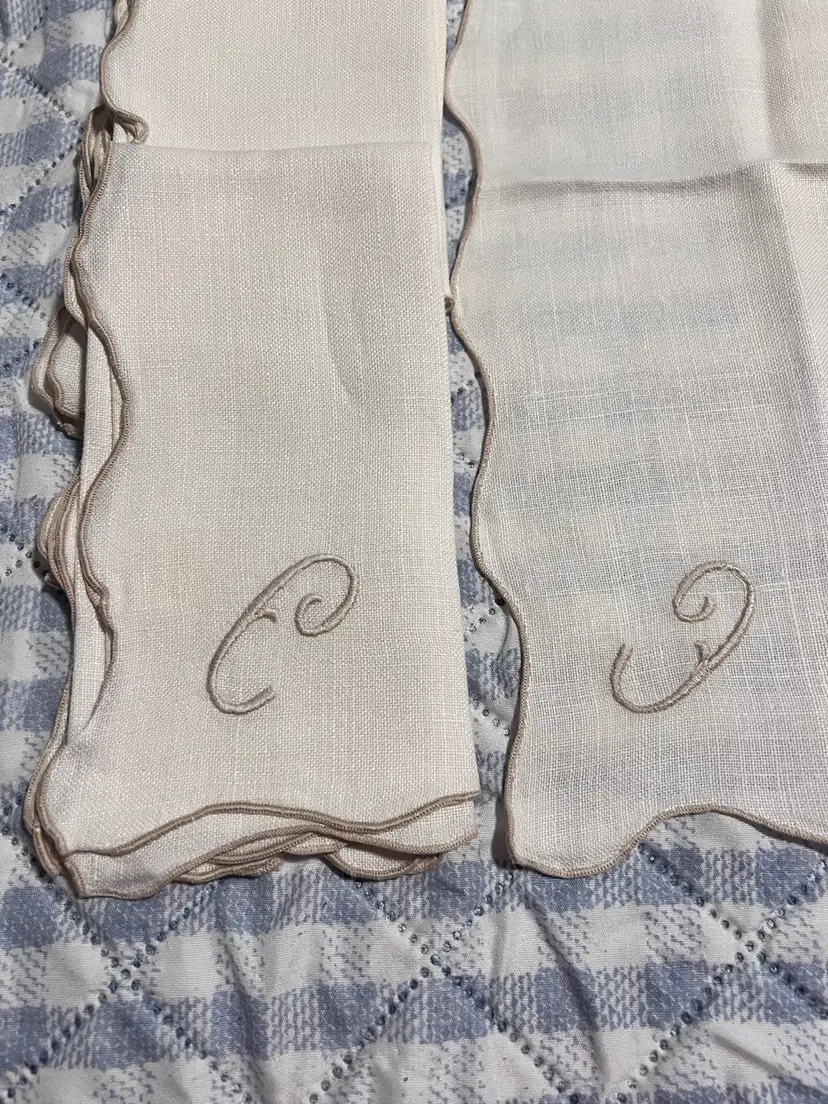 Set of 6, 15 x 16" Napkins In Grayish/Tan Color with Coordinating Gray Stitched Edges, There is an Embroidered/Monogramed "C" on one Corner of Each