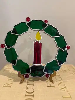 Stained Glass Christmas Wreath with Candle and Holly