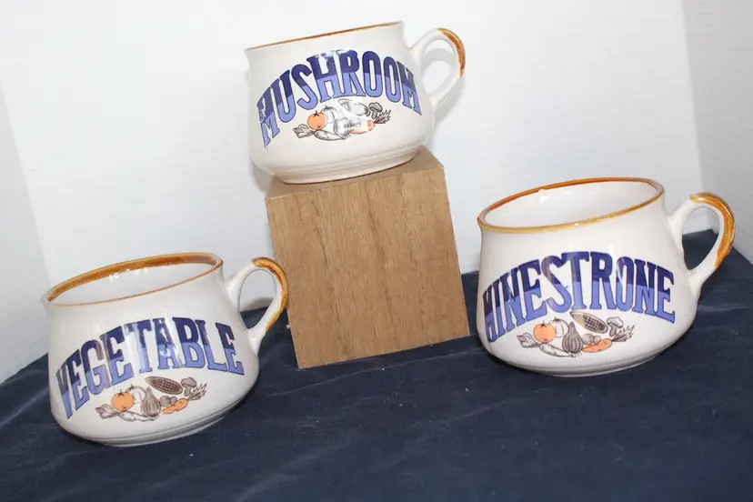 Vintage Set of 3 Capsco Soup Mugs Mushroom, Minestrone, Vegetable