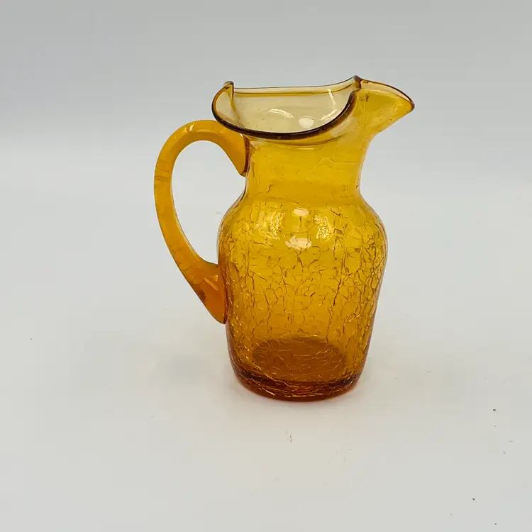 Vintage Amber Crackle Glass Pitcher - Small. Hand Blown Glass Creamer - Mid Century Art Glass