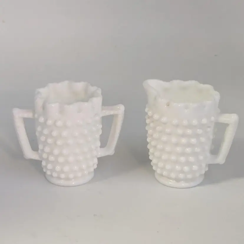 Vintage Fenton White Milk Glass Hobnail Mini Cream and Sugar Set