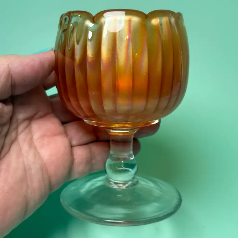 Fenton Marigold Carnival Glass Small Rib Tulip Rose Bowl Compote Iridescent Cup