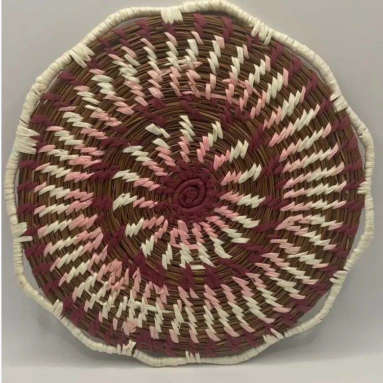 Handcrafted Beautiful Pine And Raffia Trivet, Purple, Pink, White, 9” With Scalloped Edge