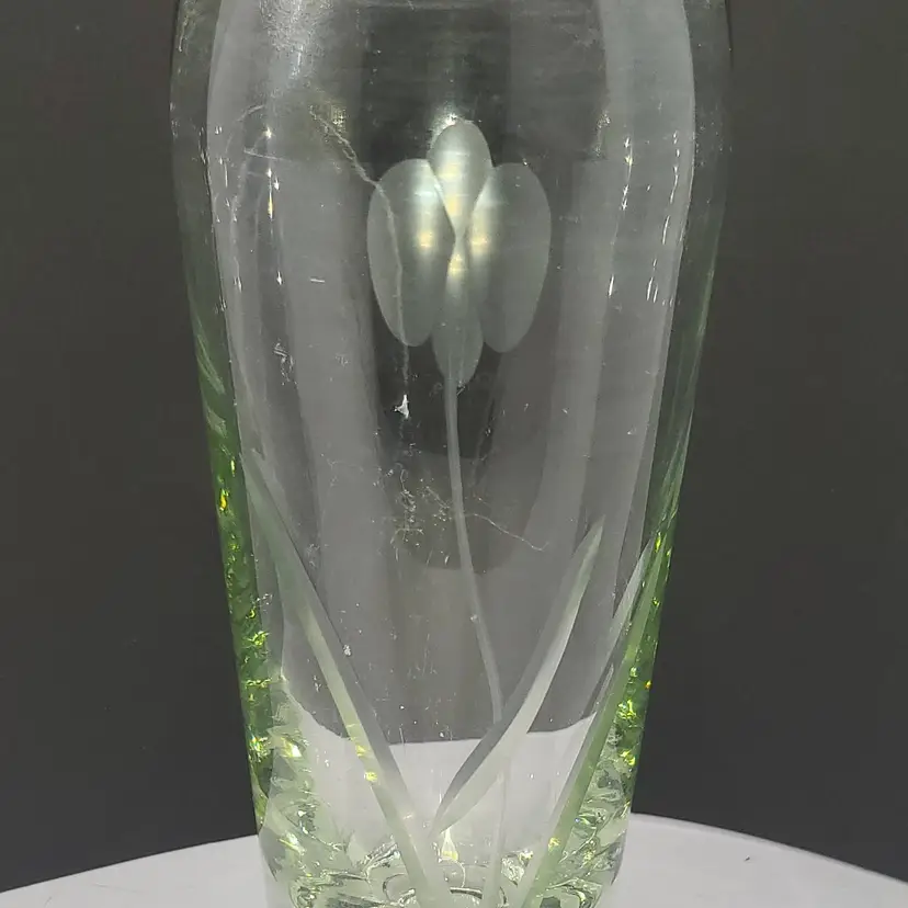 Vintage Etched Glass Vase with Floral Design 7.75" x 2"
