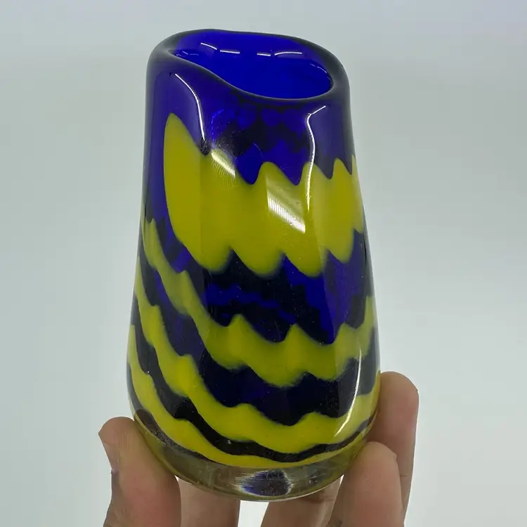Signed 86’Cobalt Blue & Yellow Patterned Art Glass Small Vase